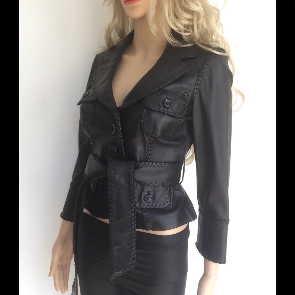 Bebe Cropped Belted 100% Leather Jacket